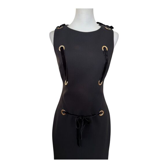 Badgley Mischka Black Cocktail Wedding FormalDress w/Velvet Ribbon Tie Sz 8
